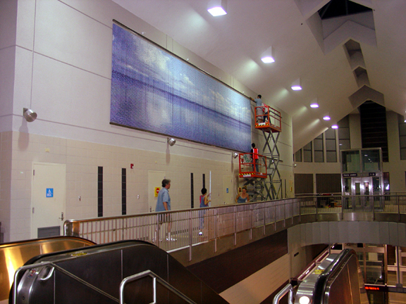 Installation of thread, "Reflections," by Devorah Sperber, 60,000 spools of thread, 23 convex mirrors, Centro Medico Train Station, San Juan, Puerto Rico, 2003- 2004, commissioned by the Governement of Puerto Rico