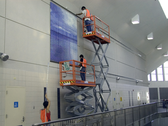 Installation of thread, "Reflections," by Devorah Sperber, 60,000 spools of thread, 23 convex mirrors, Centro Medico Train Station, San Juan, Puerto Rico, 2003- 2004, commissioned by the Governement of Puerto Rico