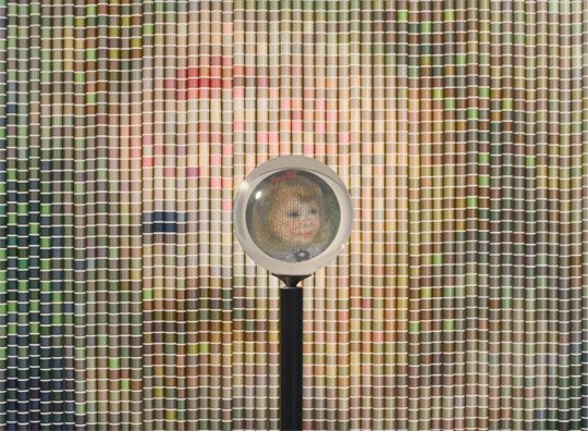 After Renoir, One of Six Eye-Centered Portraits, constructed from thousands of spools of Coats & Clark thread, by Devorah Sperber, 2--6, New  York City, Installation Art, Sculpture, NYC